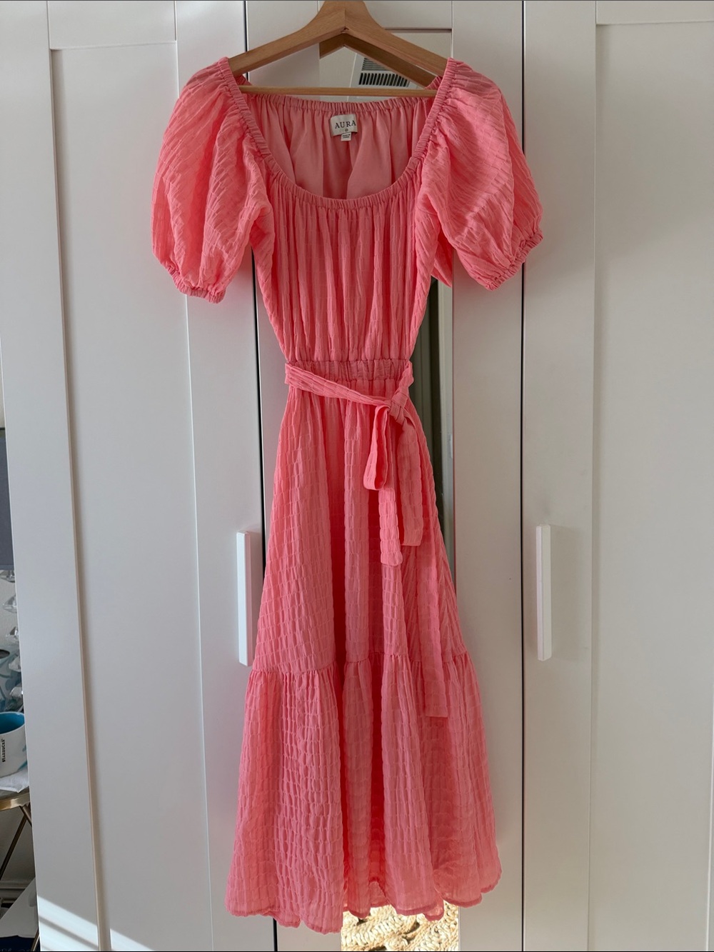 Aura Coral Pink Puff Sleeve Midi Dress with Waist Tie XS cut out back NWOT